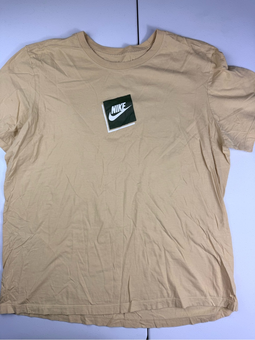 Nike Short Sleeve Crew Tee in Beige with Green Logo Patch